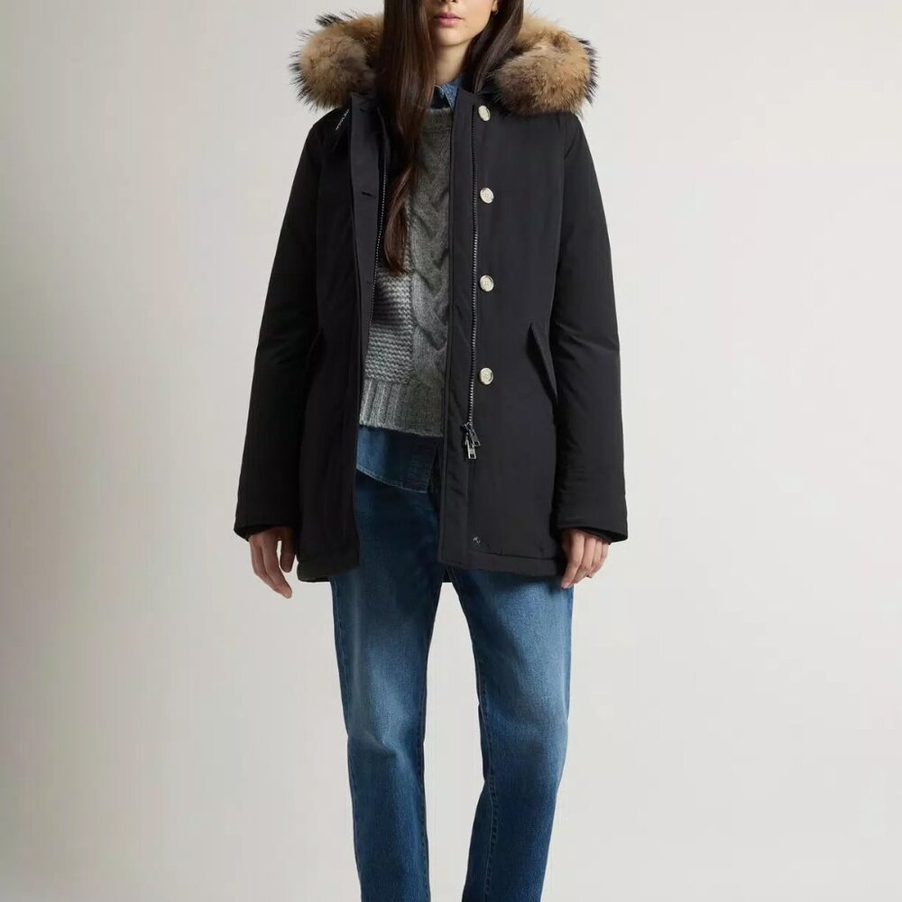 Woolrich Black Puffer Jacket with Fur Trim